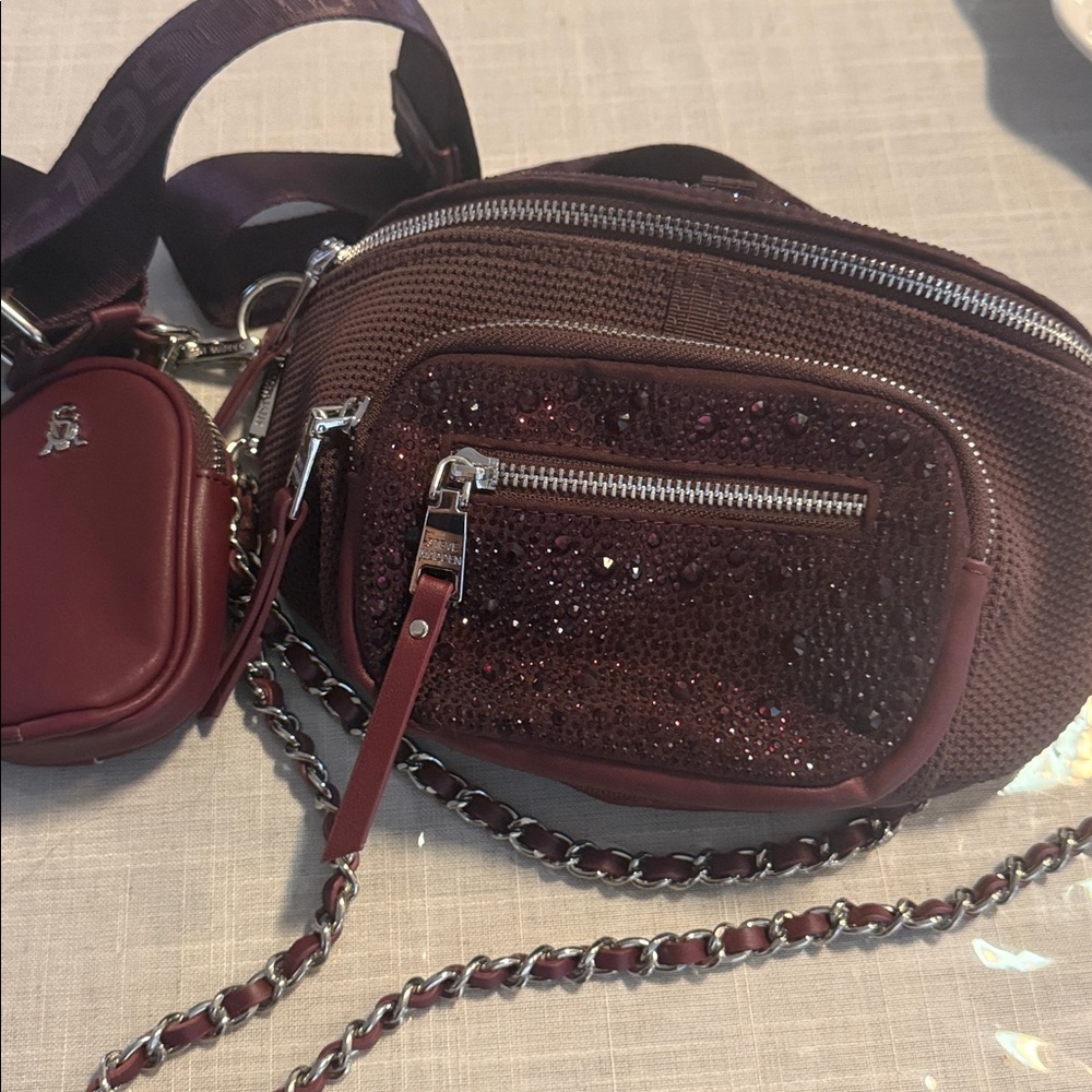 Steve Madden BMaxima Crossbody Handbag, Small Clutch, multi belt bag color wine